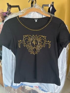 Versace Black Short Sleeve Tee with Gold Stud Motif